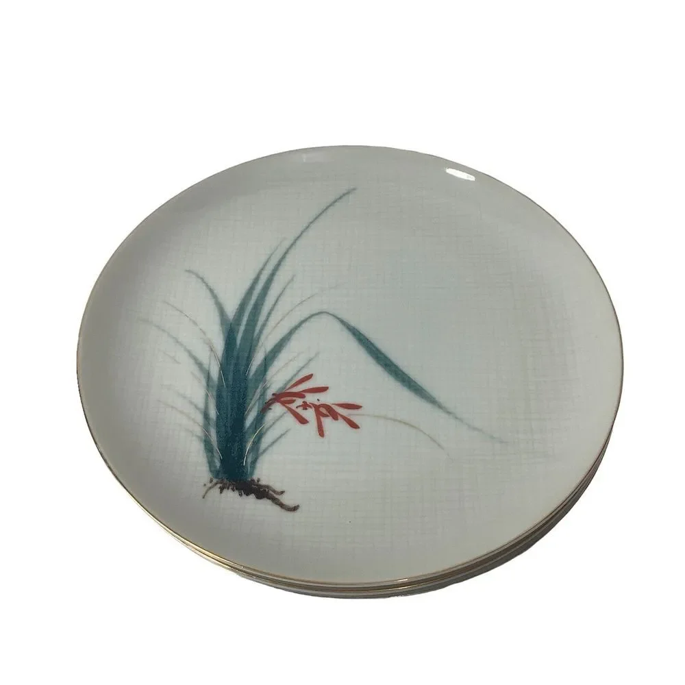 Vtg 3 Nunome China Dinner Plates 10 in Grass‎ Red Flower Gray Plaid Japan OOAK